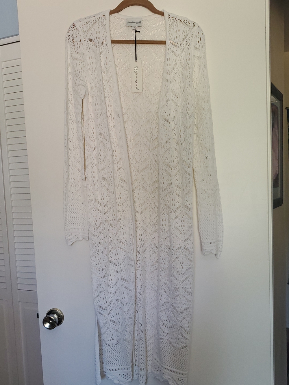 Freshman1996 White Crochet Open Cardigan Duster